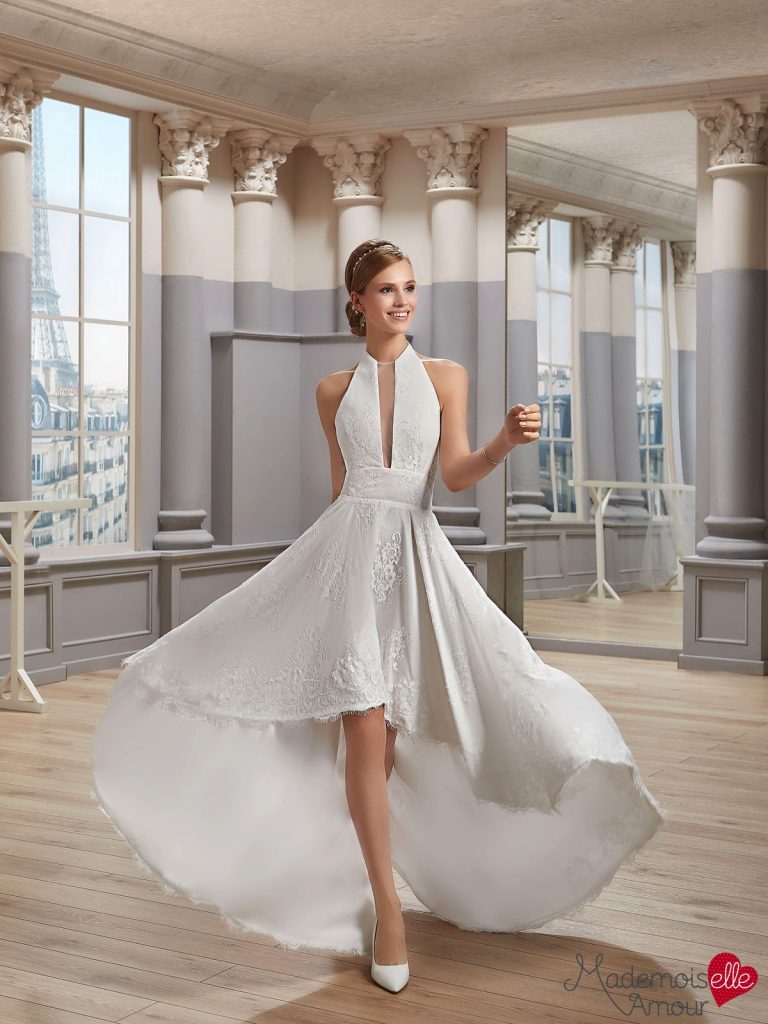 robe de mariée, robe courte mariage, robe asymétrique mariée, robe de mariée dentelle, robe neuve déstockage, Stock Mariage